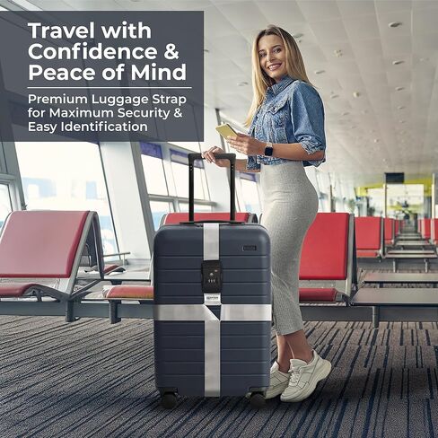 Nylon Luggage Straps for Suitcases | TSA Approved Adjustable Strap w/ 3-Digit Combo Lock | Heavy Duty Belt for 20-32 Inch Suitcases | Travel Luggage Belt Strap for Easy Identification (Silver Grey) in Saudi Arabia