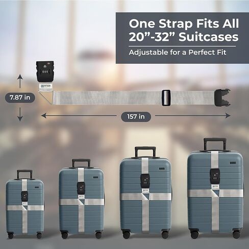 Nylon Luggage Straps for Suitcases | TSA Approved Adjustable Strap w/ 3-Digit Combo Lock | Heavy Duty Belt for 20-32 Inch Suitcases | Travel Luggage Belt Strap for Easy Identification (Silver Grey) in Saudi Arabia