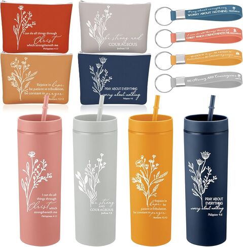 Fumete 4 Set Easter Christian Gifts for Women 16oz Skinny Cup Religious Cosmetic Bag Bible Verse Keychain Appreciation Church Gifts for Mothers Day Teacher Social Worker(Neutral Colors,Word) in Saudi Arabia