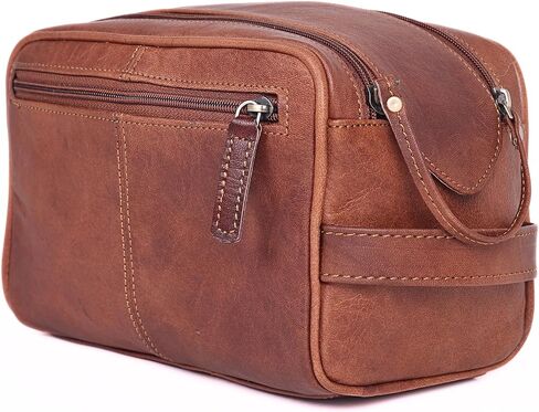 حقيبة أدوات الزينة من الجلد الطبيعي للرجال - طقم دوب رجالي كبير مقاس 10 بوصة ومنظم حقيبة الحلاقة - طقم أدوات العناية بحقيبة الحمام للسفر باللون البني العتيق، هدية مثالية للرجال والنساء in Kuwait