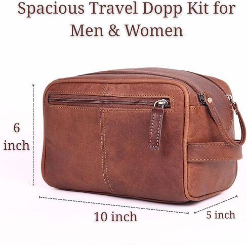 حقيبة أدوات الزينة من الجلد الطبيعي للرجال - طقم دوب رجالي كبير مقاس 10 بوصة ومنظم حقيبة الحلاقة - طقم أدوات العناية بحقيبة الحمام للسفر باللون البني العتيق، هدية مثالية للرجال والنساء in Kuwait