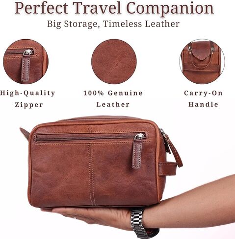 حقيبة أدوات الزينة من الجلد الطبيعي للرجال - طقم دوب رجالي كبير مقاس 10 بوصة ومنظم حقيبة الحلاقة - طقم أدوات العناية بحقيبة الحمام للسفر باللون البني العتيق، هدية مثالية للرجال والنساء in Kuwait