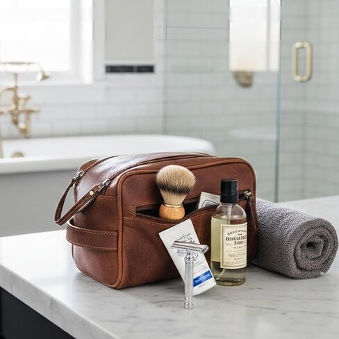 حقيبة أدوات الزينة من الجلد الطبيعي للرجال - طقم دوب رجالي كبير مقاس 10 بوصة ومنظم حقيبة الحلاقة - طقم أدوات العناية بحقيبة الحمام للسفر باللون البني العتيق، هدية مثالية للرجال والنساء in Kuwait