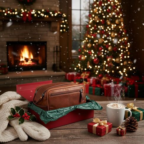 حقيبة أدوات الزينة من الجلد الطبيعي للرجال - طقم دوب رجالي كبير مقاس 10 بوصة ومنظم حقيبة الحلاقة - طقم أدوات العناية بحقيبة الحمام للسفر باللون البني العتيق، هدية مثالية للرجال والنساء in Kuwait