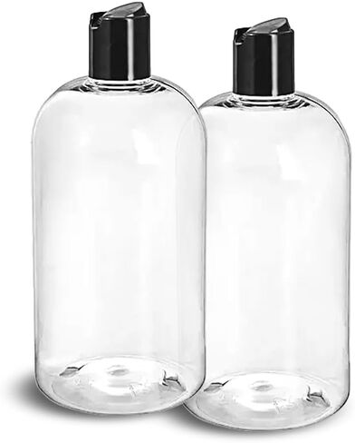 ljdeals 16 oz Clear Plastic Empty Bottles with Black Disc Top Caps, Refillable Containers for Shampoo, Lotions, Cream and More, BPA Free, Pack of 2, Made in USA in Kuwait