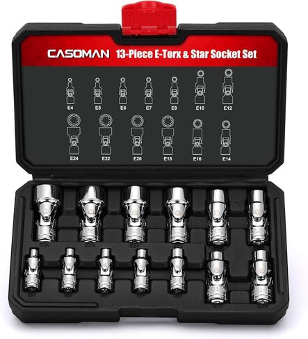 CASOMAN 13PCS 1/4" & 3/8" Drive Universal External Star Socket Set, E4 to E24, CR-V, Swivel Head, 360 Degree Access, with Sturdy Molded Case in Saudi Arabia