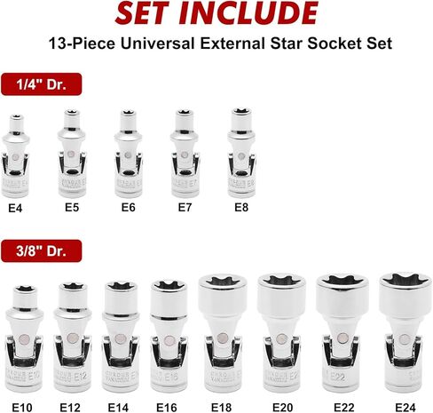 CASOMAN 13PCS 1/4" & 3/8" Drive Universal External Star Socket Set, E4 to E24, CR-V, Swivel Head, 360 Degree Access, with Sturdy Molded Case in Saudi Arabia