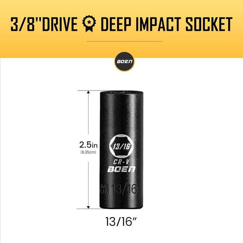 BOEN 3/8" Drive Deep Impact Sockets, Premium Impact Socket, 13/16" Socket, SAE, 6 Point,Cr-V Steel with Laser Marking - Strong and Durable in Saudi Arabia