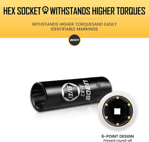 BOEN 3/8" Drive Deep Impact Sockets, Premium Impact Socket, 13/16" Socket, SAE, 6 Point,Cr-V Steel with Laser Marking - Strong and Durable in Saudi Arabia