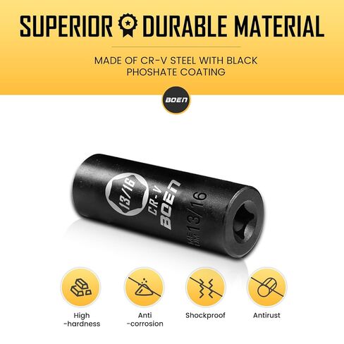 BOEN 3/8" Drive Deep Impact Sockets, Premium Impact Socket, 13/16" Socket, SAE, 6 Point,Cr-V Steel with Laser Marking - Strong and Durable in Saudi Arabia