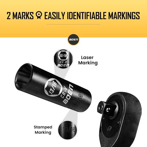 BOEN 3/8" Drive Deep Impact Sockets, Premium Impact Socket, 13/16" Socket, SAE, 6 Point,Cr-V Steel with Laser Marking - Strong and Durable in Saudi Arabia