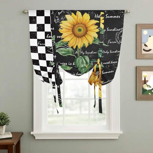 Sunflower Tie Up Curtains for Window, Yellow Flowers Black White Plaid Retro Art Thermal Insulated Balloon Shade Adjustable Rod Pocket Curtains Valance Panels for Kitchen Bathroom Café 42'' x 45'' in Saudi Arabia