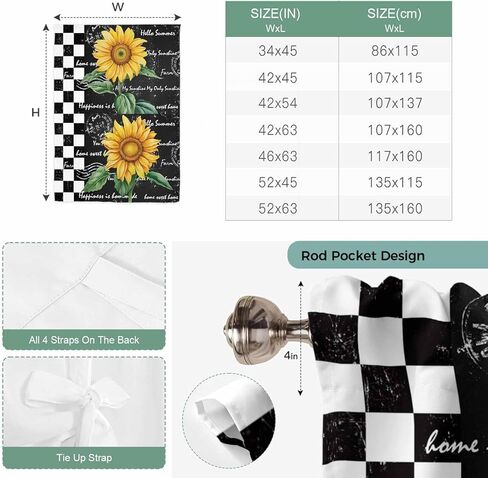 Sunflower Tie Up Curtains for Window, Yellow Flowers Black White Plaid Retro Art Thermal Insulated Balloon Shade Adjustable Rod Pocket Curtains Valance Panels for Kitchen Bathroom Café 42'' x 45'' in Saudi Arabia