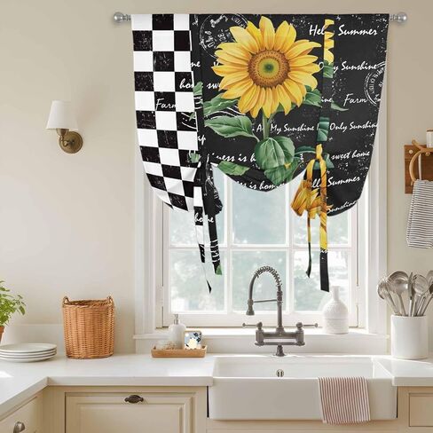 Sunflower Tie Up Curtains for Window, Yellow Flowers Black White Plaid Retro Art Thermal Insulated Balloon Shade Adjustable Rod Pocket Curtains Valance Panels for Kitchen Bathroom Café 42'' x 45'' in Saudi Arabia