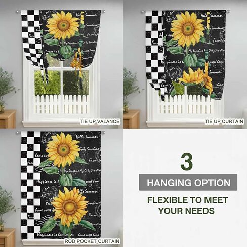 Sunflower Tie Up Curtains for Window, Yellow Flowers Black White Plaid Retro Art Thermal Insulated Balloon Shade Adjustable Rod Pocket Curtains Valance Panels for Kitchen Bathroom Café 42'' x 45'' in Saudi Arabia