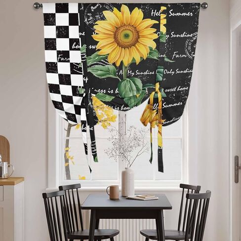 Sunflower Tie Up Curtains for Window, Yellow Flowers Black White Plaid Retro Art Thermal Insulated Balloon Shade Adjustable Rod Pocket Curtains Valance Panels for Kitchen Bathroom Café 42'' x 45'' in Saudi Arabia