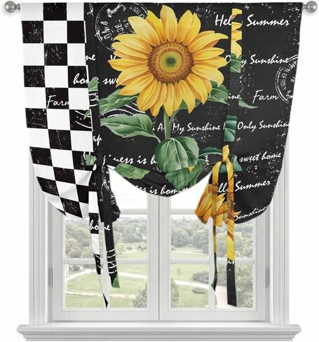 Sunflower Tie Up Curtains for Window, Yellow Flowers Black White Plaid Retro Art Thermal Insulated Balloon Shade Adjustable Rod Pocket Curtains Valance Panels for Kitchen Bathroom Café 42'' x 45'' in Saudi Arabia