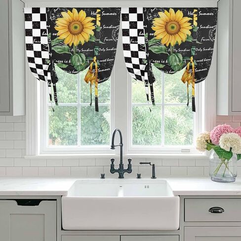 Sunflower Tie Up Curtains for Window, Yellow Flowers Black White Plaid Retro Art Thermal Insulated Balloon Shade Adjustable Rod Pocket Curtains Valance Panels for Kitchen Bathroom Café 42'' x 45'' in Saudi Arabia