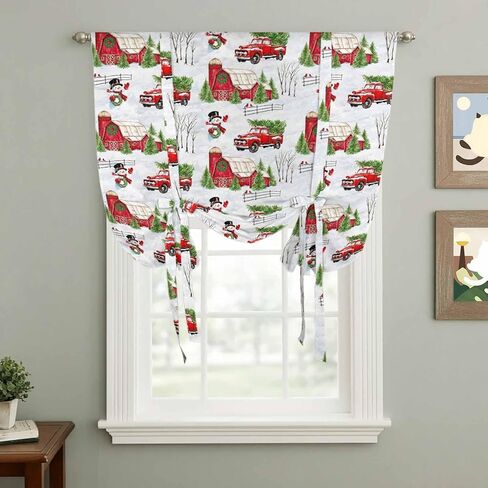Christmas Snowman Tie Up Curtains for Window, Xmas Trees Farmhouse Truck Rustic Cabin Thermal Balloon Shade Adjustable Rod Pocket Curtains Valance Panels for Kitchen Bathroom Café 34'' x 45'' in Saudi Arabia