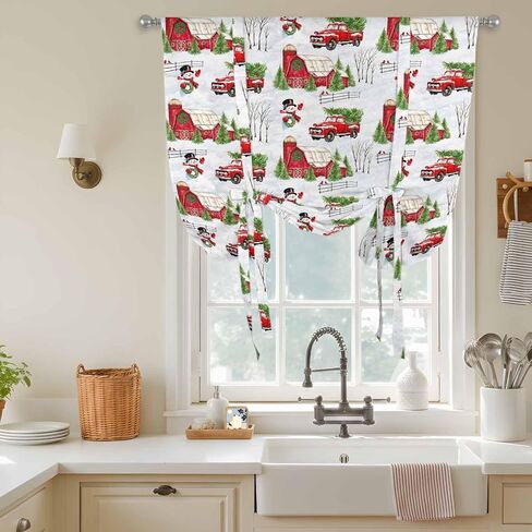 Christmas Snowman Tie Up Curtains for Window, Xmas Trees Farmhouse Truck Rustic Cabin Thermal Balloon Shade Adjustable Rod Pocket Curtains Valance Panels for Kitchen Bathroom Café 34'' x 45'' in Saudi Arabia