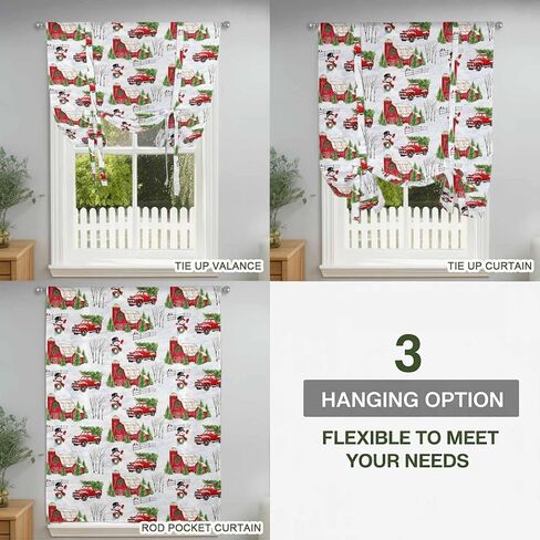 Christmas Snowman Tie Up Curtains for Window, Xmas Trees Farmhouse Truck Rustic Cabin Thermal Balloon Shade Adjustable Rod Pocket Curtains Valance Panels for Kitchen Bathroom Café 34'' x 45'' in Saudi Arabia
