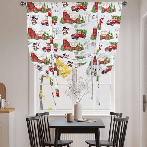 Christmas Snowman Tie Up Curtains for Window, Xmas Trees Farmhouse Truck Rustic Cabin Thermal Balloon Shade Adjustable Rod Pocket Curtains Valance Panels for Kitchen Bathroom Café 34'' x 45'' in Saudi Arabia