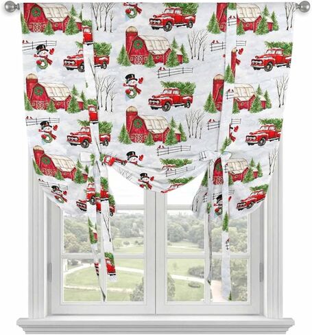 Christmas Snowman Tie Up Curtains for Window, Xmas Trees Farmhouse Truck Rustic Cabin Thermal Balloon Shade Adjustable Rod Pocket Curtains Valance Panels for Kitchen Bathroom Café 34'' x 45'' in Saudi Arabia