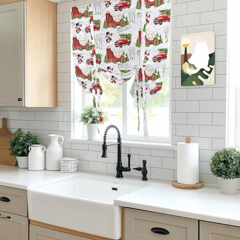 Christmas Snowman Tie Up Curtains for Window, Xmas Trees Farmhouse Truck Rustic Cabin Thermal Balloon Shade Adjustable Rod Pocket Curtains Valance Panels for Kitchen Bathroom Café 34'' x 45'' in Saudi Arabia