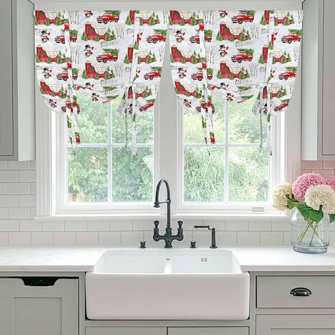Christmas Snowman Tie Up Curtains for Window, Xmas Trees Farmhouse Truck Rustic Cabin Thermal Balloon Shade Adjustable Rod Pocket Curtains Valance Panels for Kitchen Bathroom Café 34'' x 45'' in Saudi Arabia