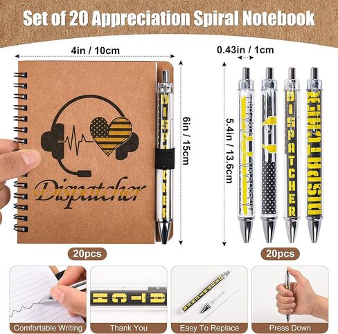 20 Set 911 Dispatcher Gifts, Spiral Notebooks with Yellow Flag Ballpoint Pens, Appreciation Week Christmas Birthday Retirement Gifts Set for First Responders Telecommunicator Coworker Office Staff in Kuwait