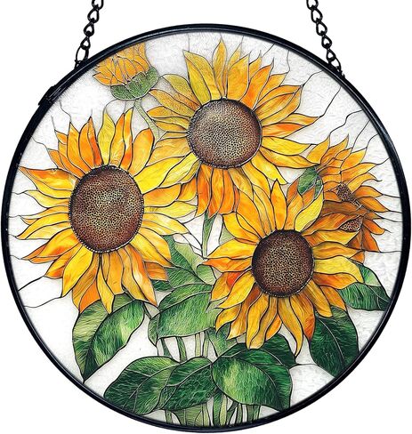 TNUW Sunflower Stained Glass Window Hanging, Sunflower Sun Catchers Indoor Window Glass Round Wall Art Decor, Farmhouse Cottagecore Summer Floral Wall Hanging Decorations, 7.9＂x7.9＂ in Saudi Arabia