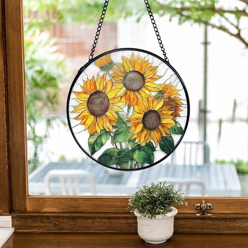 TNUW Sunflower Stained Glass Window Hanging, Sunflower Sun Catchers Indoor Window Glass Round Wall Art Decor, Farmhouse Cottagecore Summer Floral Wall Hanging Decorations, 7.9＂x7.9＂ in Saudi Arabia