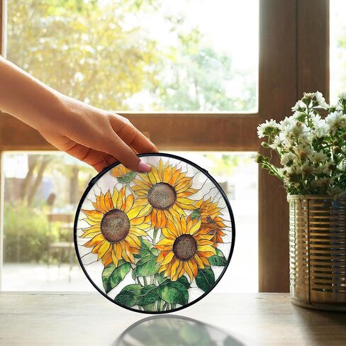 TNUW Sunflower Stained Glass Window Hanging, Sunflower Sun Catchers Indoor Window Glass Round Wall Art Decor, Farmhouse Cottagecore Summer Floral Wall Hanging Decorations, 7.9＂x7.9＂ in Saudi Arabia
