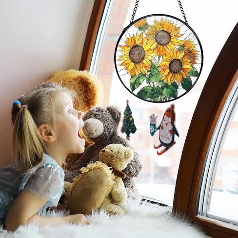 TNUW Sunflower Stained Glass Window Hanging, Sunflower Sun Catchers Indoor Window Glass Round Wall Art Decor, Farmhouse Cottagecore Summer Floral Wall Hanging Decorations, 7.9＂x7.9＂ in Saudi Arabia