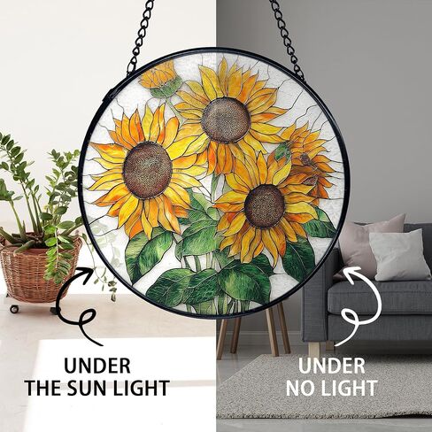 TNUW Sunflower Stained Glass Window Hanging, Sunflower Sun Catchers Indoor Window Glass Round Wall Art Decor, Farmhouse Cottagecore Summer Floral Wall Hanging Decorations, 7.9＂x7.9＂ in Saudi Arabia