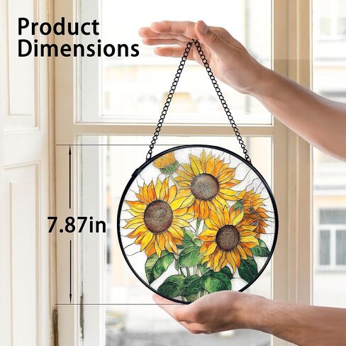 TNUW Sunflower Stained Glass Window Hanging, Sunflower Sun Catchers Indoor Window Glass Round Wall Art Decor, Farmhouse Cottagecore Summer Floral Wall Hanging Decorations, 7.9＂x7.9＂ in Saudi Arabia
