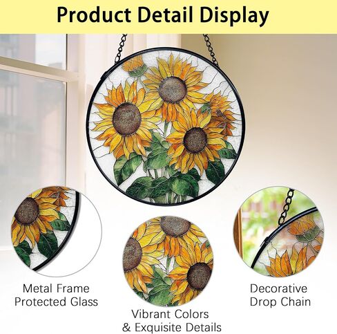 TNUW Sunflower Stained Glass Window Hanging, Sunflower Sun Catchers Indoor Window Glass Round Wall Art Decor, Farmhouse Cottagecore Summer Floral Wall Hanging Decorations, 7.9＂x7.9＂ in Saudi Arabia