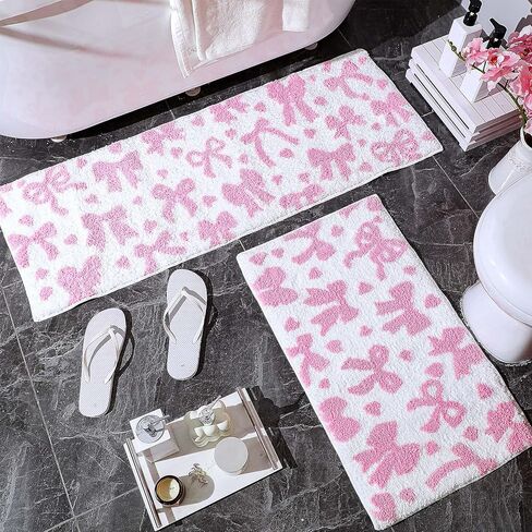 Duraaamo 2 Pcs Pink Bow Bathroom Rugs Non Slip Coquette Bow Bath Mat Aesthetic Decor Soft and Absorbent Microfiber Bath Rugs for Shower Floor Bathroom Decor Runner in Kuwait