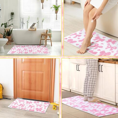 Duraaamo 2 Pcs Pink Bow Bathroom Rugs Non Slip Coquette Bow Bath Mat Aesthetic Decor Soft and Absorbent Microfiber Bath Rugs for Shower Floor Bathroom Decor Runner in Kuwait