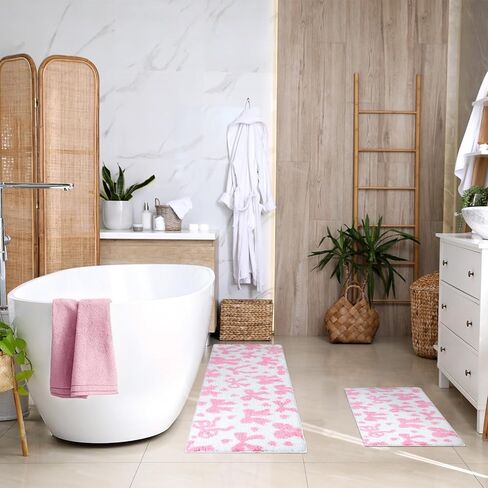 Duraaamo 2 Pcs Pink Bow Bathroom Rugs Non Slip Coquette Bow Bath Mat Aesthetic Decor Soft and Absorbent Microfiber Bath Rugs for Shower Floor Bathroom Decor Runner in Kuwait