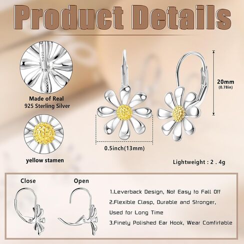 925 Sterling Silver Daisy Earrings 18K White Gold Plated Leverback Earrings Daisy Flower Drop Dangle Earrings Hypoallergenic Flower Jewelry Gifts for Women for Sensitive Ears in Saudi Arabia