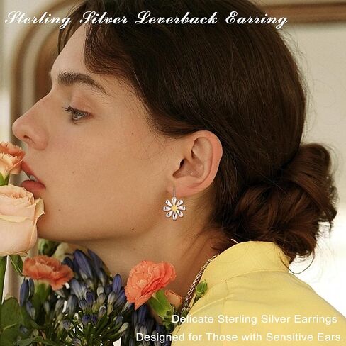 925 Sterling Silver Daisy Earrings 18K White Gold Plated Leverback Earrings Daisy Flower Drop Dangle Earrings Hypoallergenic Flower Jewelry Gifts for Women for Sensitive Ears in Saudi Arabia