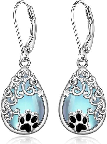 Paw Print Earrings for Women Moonstone Earrings Dog Paw Cat Puppy Sterling Silver Dangle Leverback Moonstone Jewelry Dog Mom Gifts for Women in Saudi Arabia