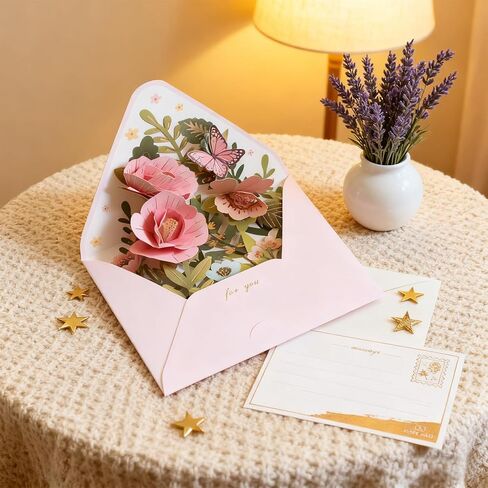 1PC 3D Pop Up Greeting Card with Flowers Design, Pink Envelope, Perfect for Birthday Anniversary Wedding Christmas Thank You Get Well Wishes, Stationery Writing Paper Set with Envelopes, Pink in Saudi Arabia