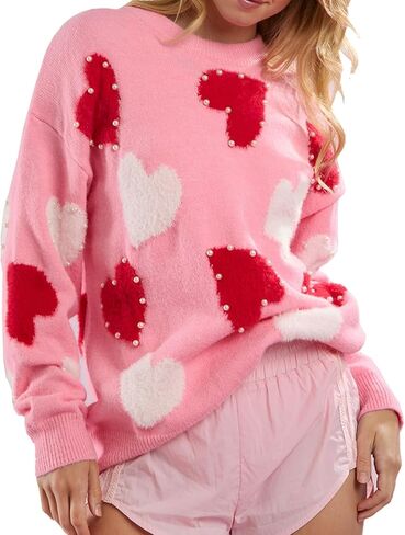 Pearl Sweater for Women Love Heart Graphic Knitted Sweatshirts Cute Oversized Pullover Shirts in Saudi Arabia