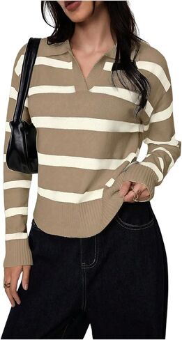 Verdusa Women's Striped Pullover Sweater Old Money Knit Tops Collared V Neck Jumpers Spring Fall Clothes in Saudi Arabia
