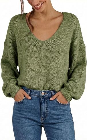 Womens V Neck Slouchy Knit Sweater Relaxed Fit Soft Lightweight Bohemian Pullover Top in Saudi Arabia