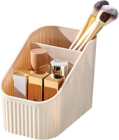 DASITON Large Capacity Makeup Brush Holder,3 Slot Makeup Brush Cup,Vintage striped Make Up Brush Holder,for Vanity Decor,Bathroom Countertops,Desk Storage Container,Cosmetic Display cases(Clear-S) in Kuwait