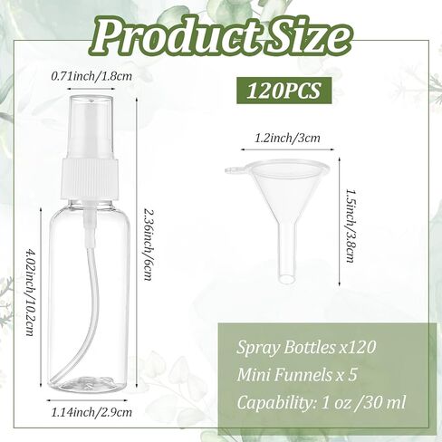 120 Pcs 1 oz Spray Bottles with 5 Funnels, Mini Clear Empty Plastic Fine Mist Travel Bottles - Leak Proof, Refillable for Essential Oils, Perfumes, Cosmetics in Kuwait