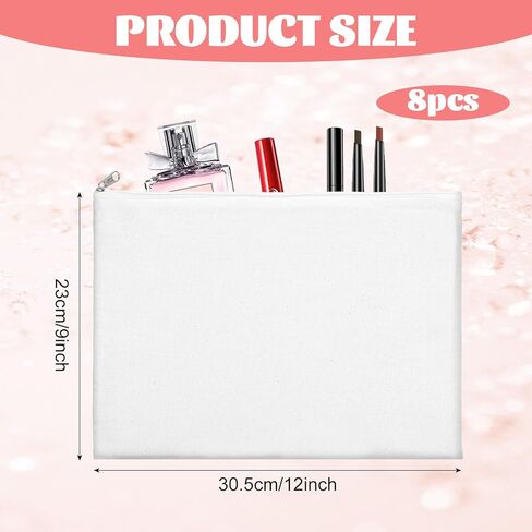 8 Pcs Canvas Zipper Pouch, 12x9'' Large Cosmetic Bags With Zipper, White, Multi-Purpose Travel Toiletry Makeup Bag in Saudi Arabia